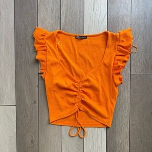 Zara Orange Flutter Sleeve Crop Blouse